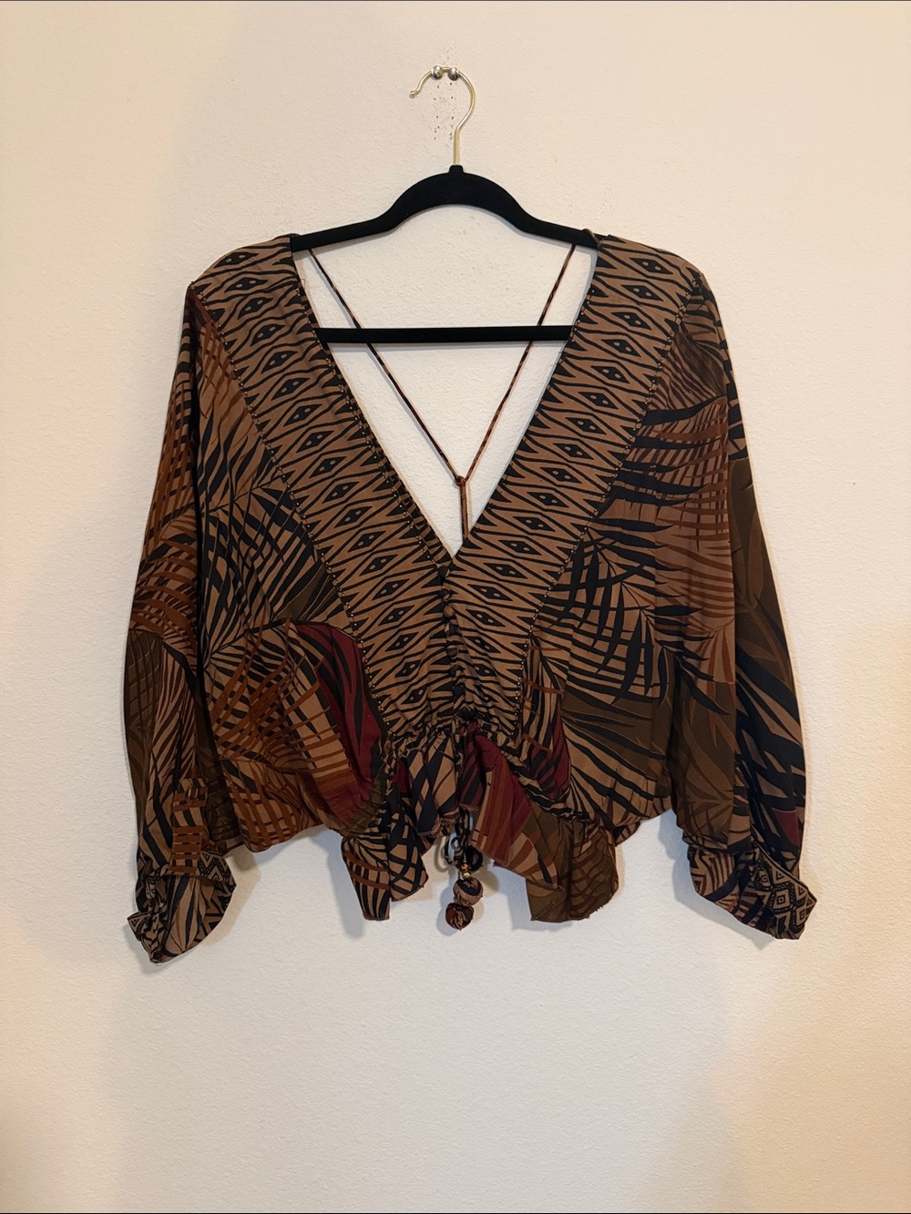 Z&L Europe printed brown bohemian cropped blouse with beautiful tassels